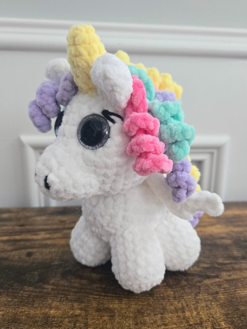 Crochet Unicorn Plush: Rainbow Curly Hair, Handmade Kawaii Toy.