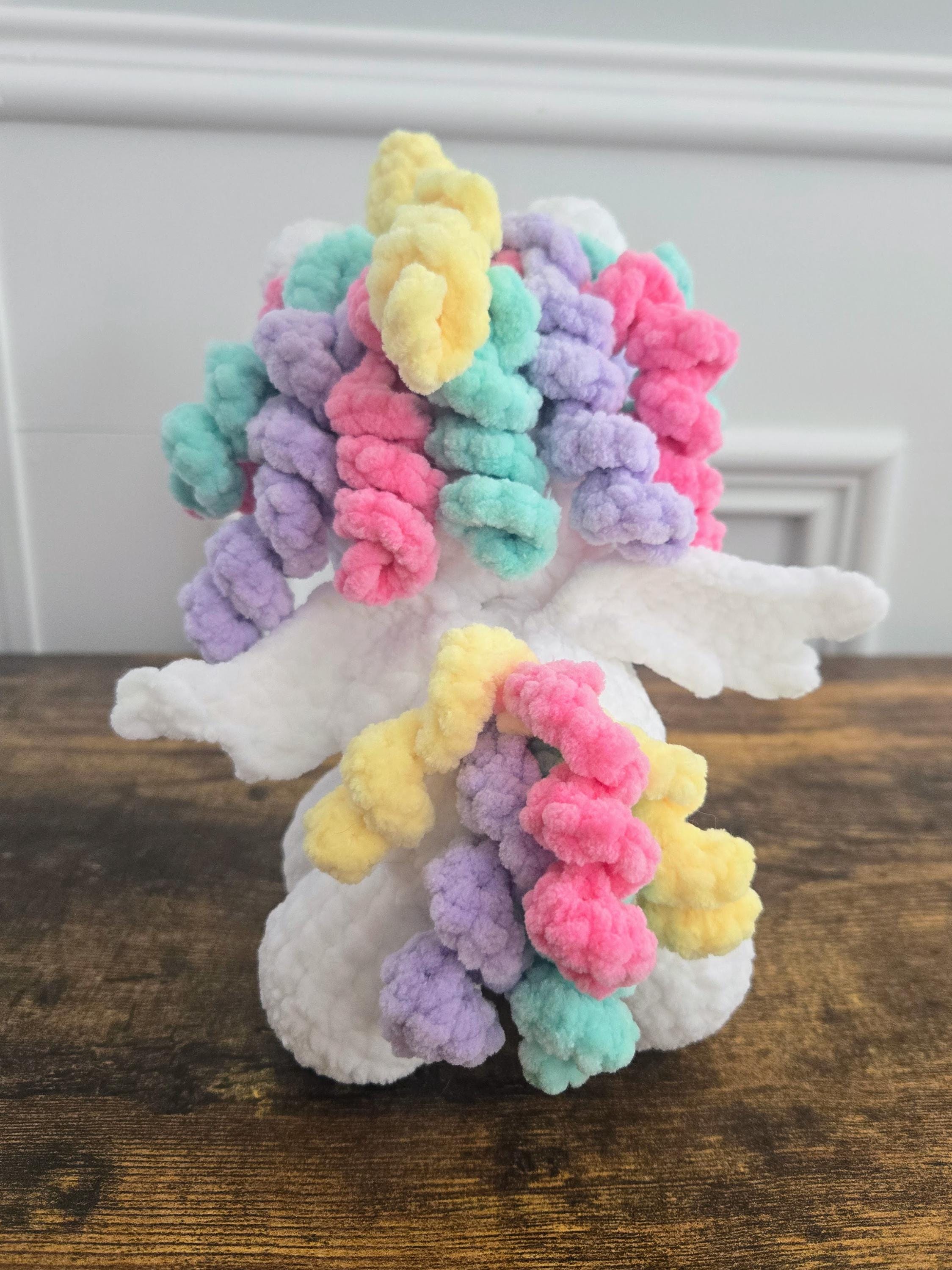 Crochet Unicorn Plush: Rainbow Curly Hair, Handmade Kawaii Toy.