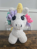 Crochet Unicorn Plush: Rainbow Curly Hair, Handmade Kawaii Toy.