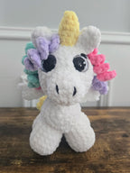 Crochet Unicorn Plush: Rainbow Curly Hair, Handmade Kawaii Toy.