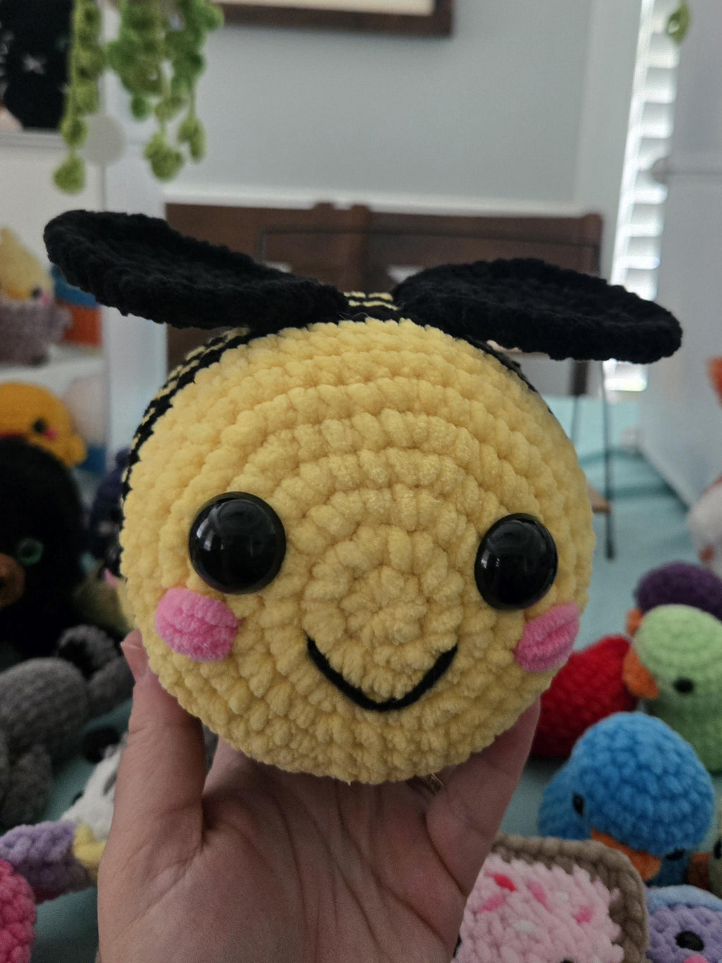 Crochet Bee Plush Toy: Handmade Amigurumi Bumblebee, Chenille Yarn Stuffed Animal (6in x 5in).