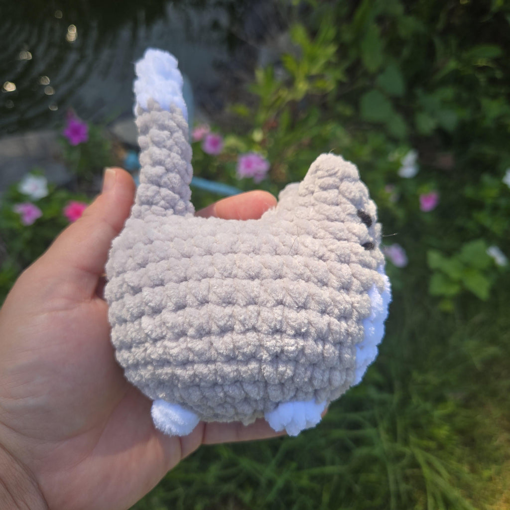 Gray White Crochet Cat Plush: Chenille Amigurumi Kitty, Handmade Stuffed Animal Cat Lover Gift