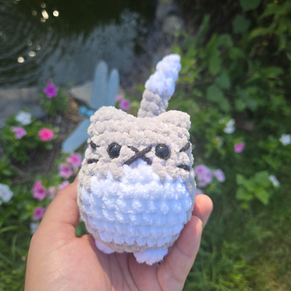 Gray White Crochet Cat Plush: Chenille Amigurumi Kitty, Handmade Stuffed Animal Cat Lover Gift