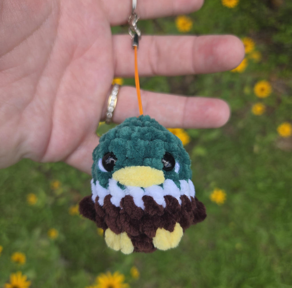 Crochet Mallard Duck Keychain, Chenille Yarn Bird Bag Charm, Amigurumi Keyring
