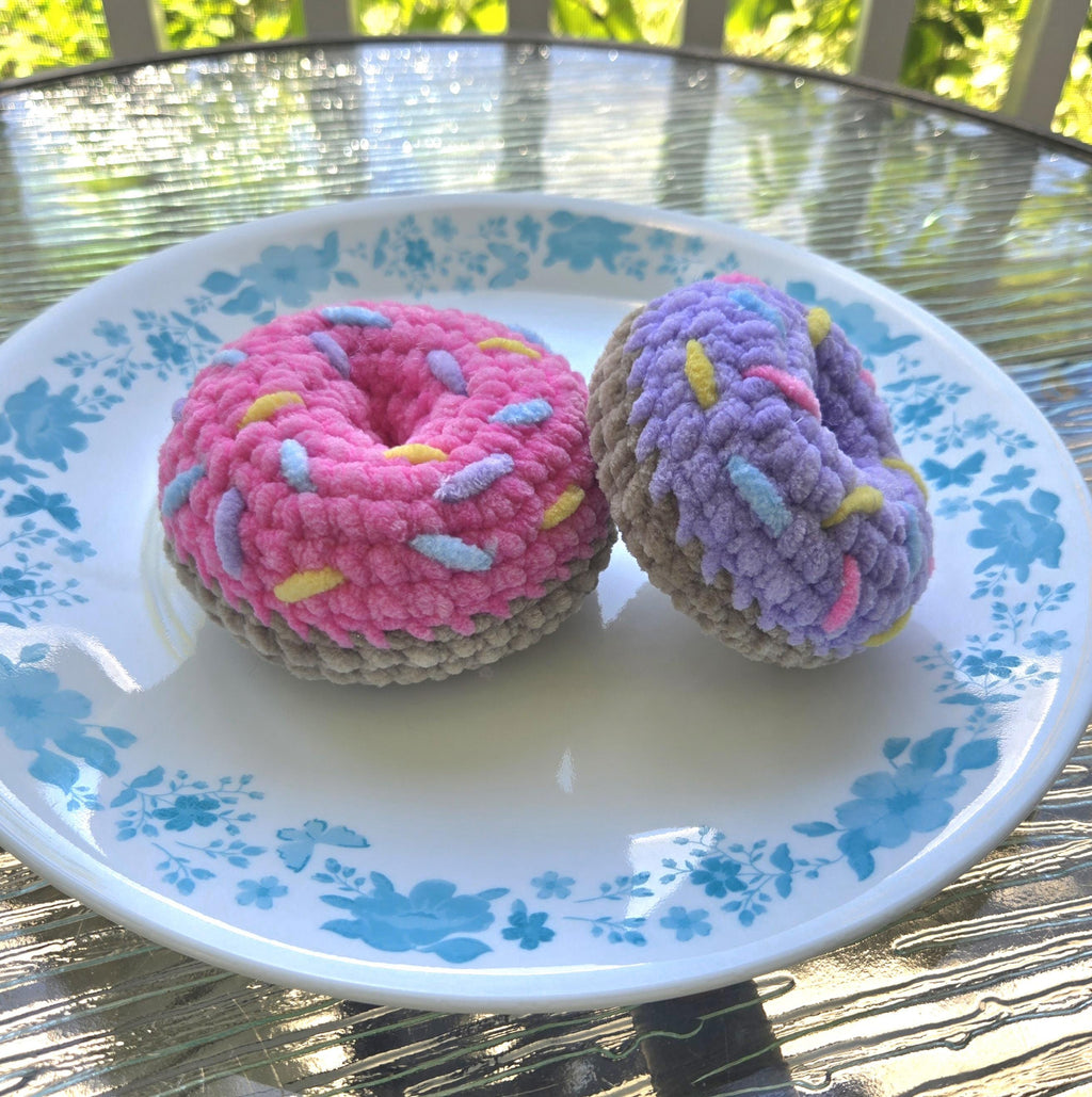 Mini Crochet Donut Plush Toy: Pink, Purple Chenille Amigurumi Stuffed Food