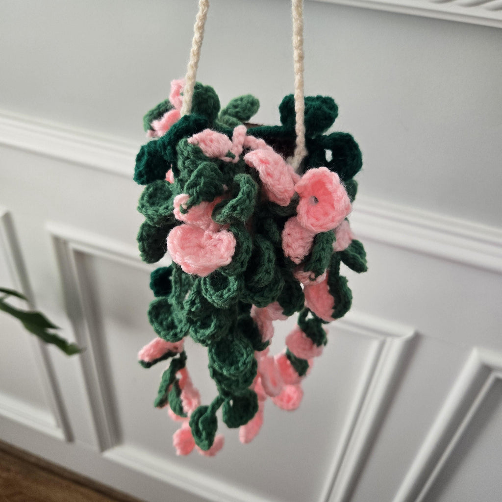 Crocheted Philodendron Pink Princess Hanging Plant Decor, Amigurumi Houseplant Gift.