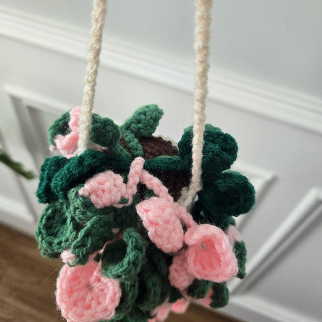 Crocheted Philodendron Pink Princess Hanging Plant Decor, Amigurumi Houseplant Gift.
