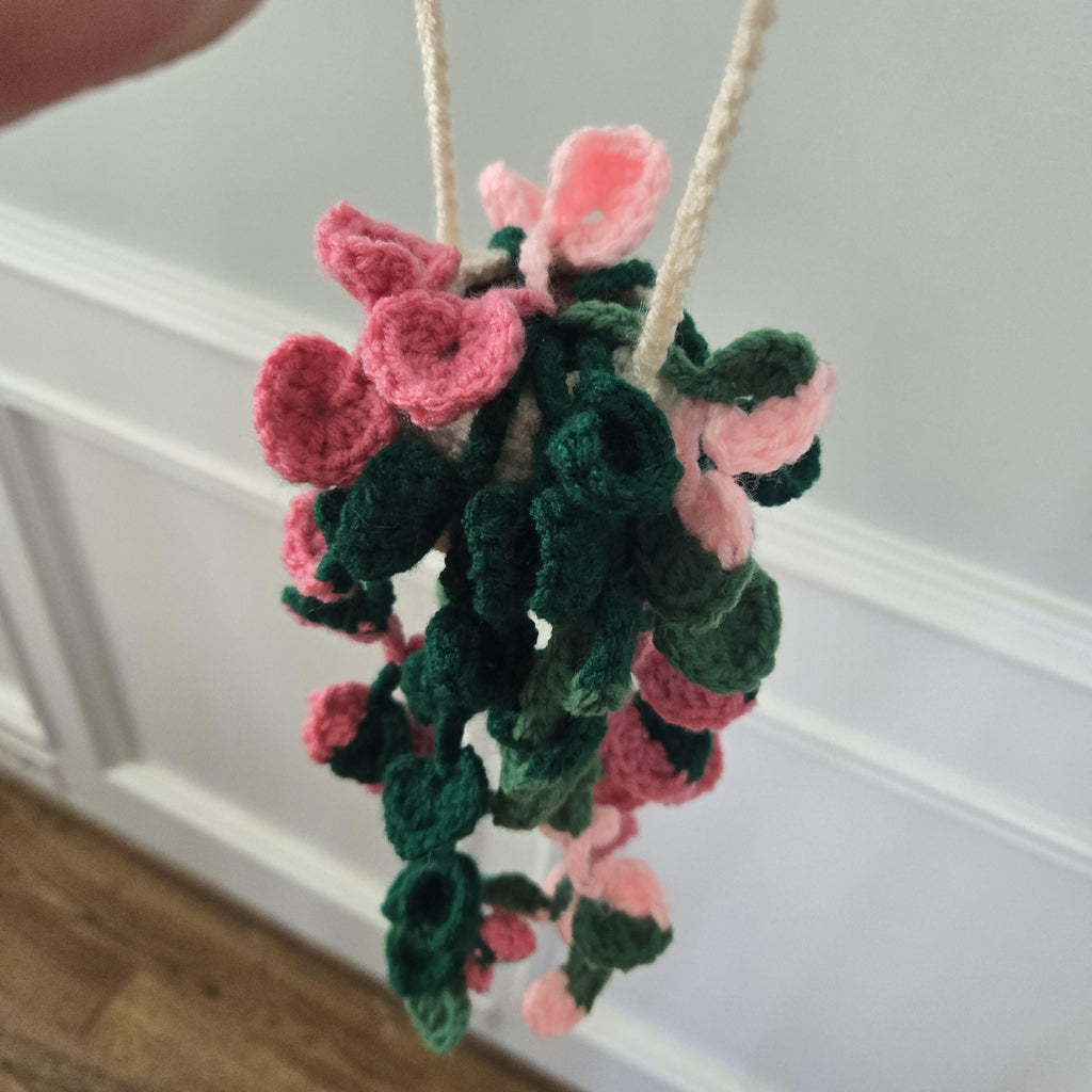 Crochet Hanging Philodendron Plant Pink & Green Amigurumi in Basket Houseplant Decor Gift Handmade