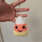 Handmade Crochet Candy Corn Keychain Plush – Smiley Face Amigurumi Accessory.