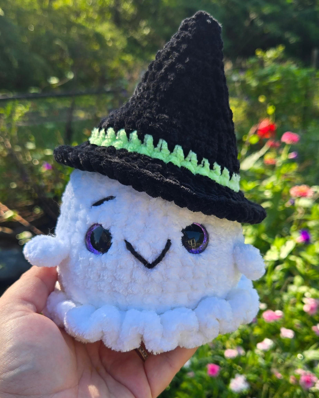 Crochet Ghost Plush with Removable Witch Hat – Amigurumi Halloween Toy (8" Tall).