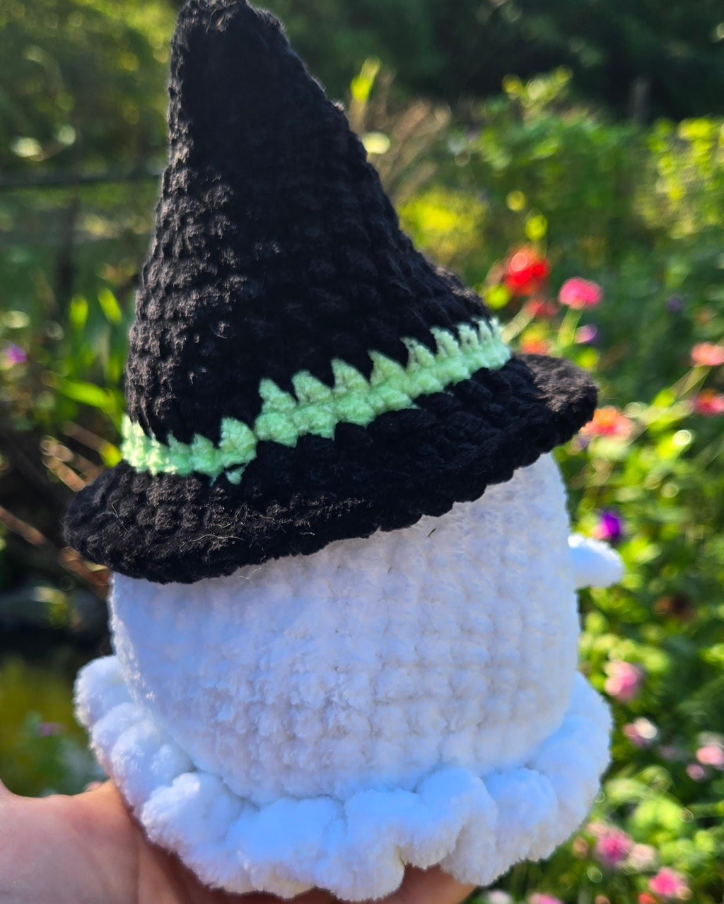 Crochet Ghost Plush with Removable Witch Hat – Amigurumi Halloween Toy (8" Tall).