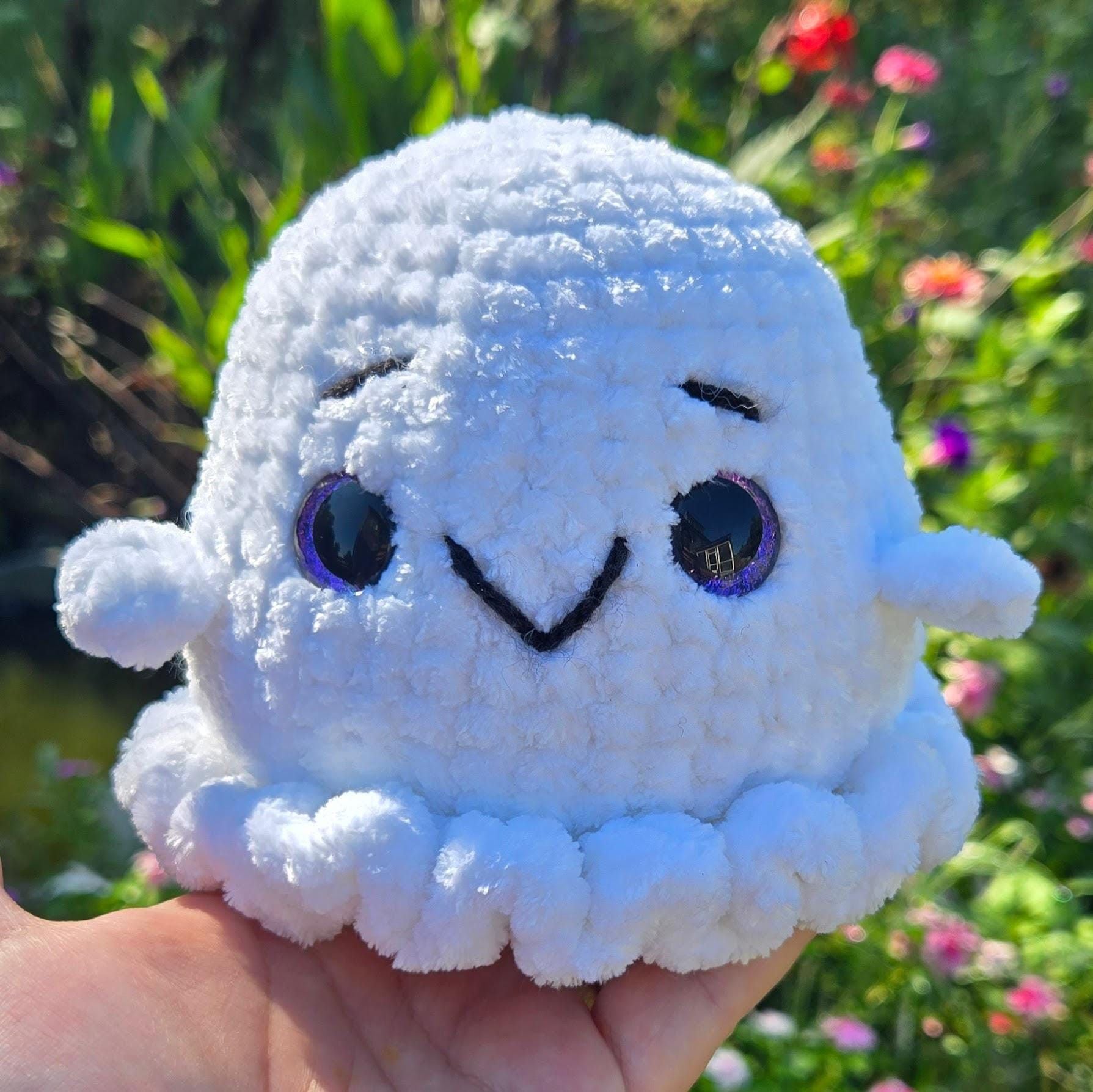 Crochet Ghost Plush with Removable Witch Hat – Amigurumi Halloween Toy (8" Tall).