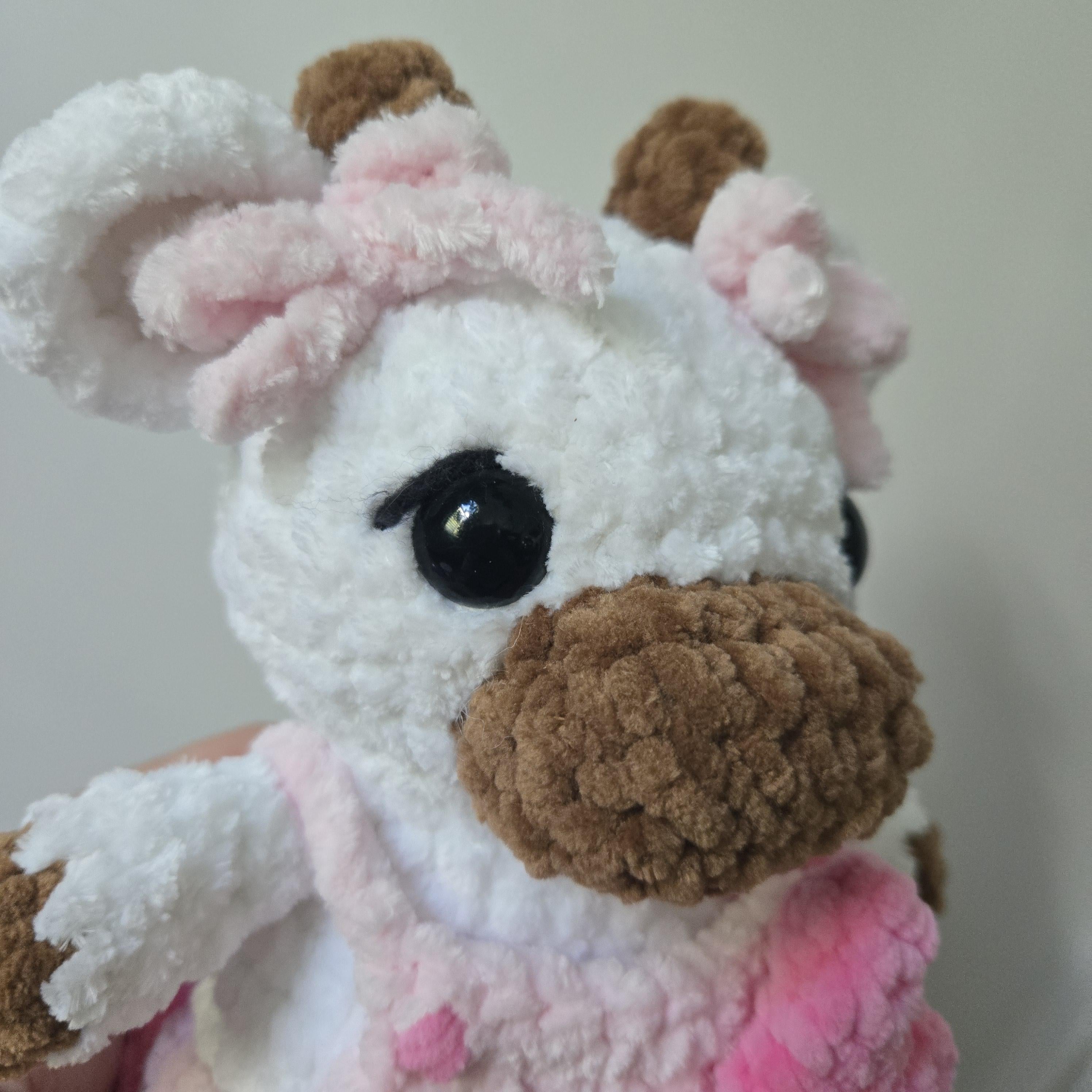 Handmade Crochet Cow Plush with Pink Overalls and Heart Bag – Amigurumi Toy