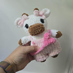 Handmade Crochet Cow Plush with Pink Overalls and Heart Bag – Amigurumi Toy