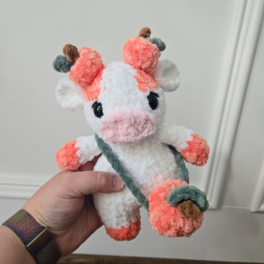 Crochet Pumpkin Cow Plush – Handmade Amigurumi Stuffed Animal, Kawaii Fall Decor