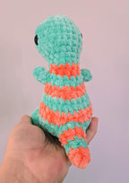 Handmade Crochet T-Rex Plush: Mint and Orange Striped Dinosaur Toy