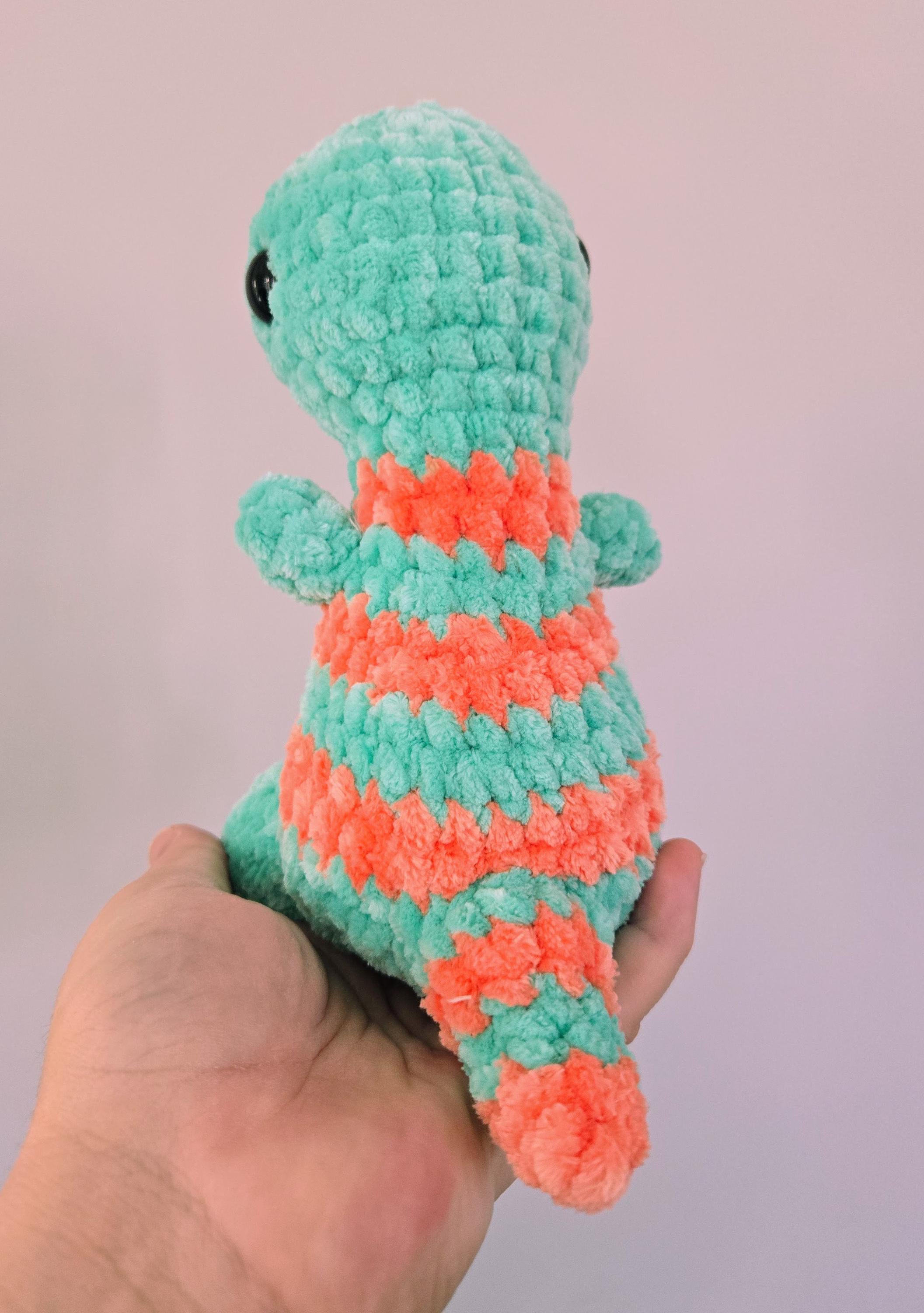 Handmade Crochet T-Rex Plush: Mint and Orange Striped Dinosaur Toy