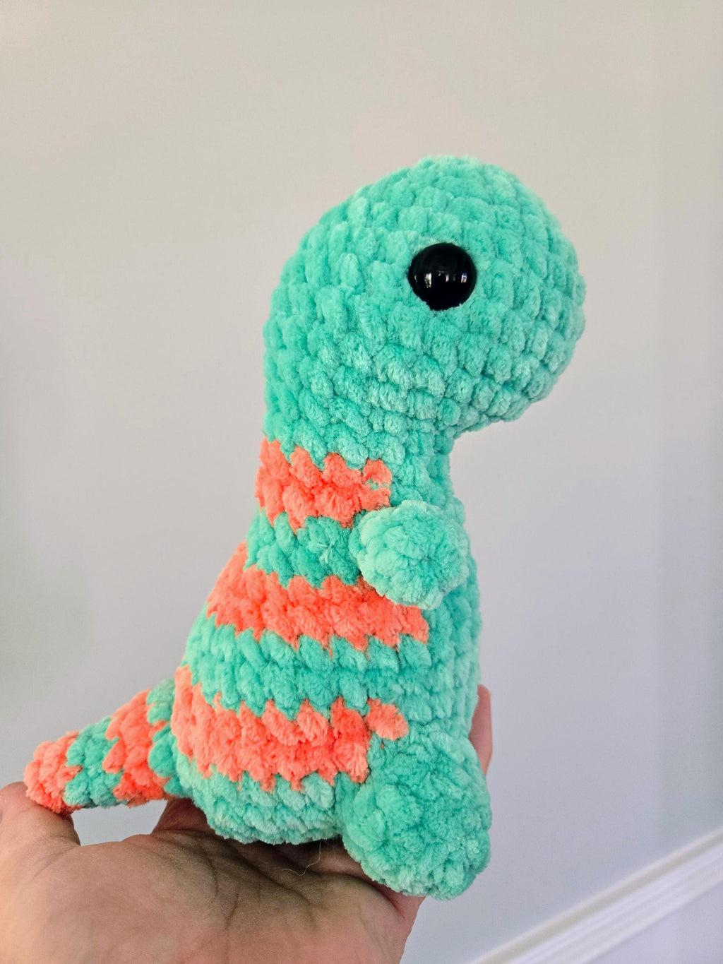 Handmade Crochet T-Rex Plush: Mint and Orange Striped Dinosaur Toy