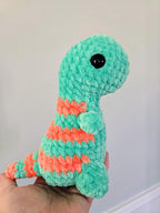 Handmade Crochet T-Rex Plush: Mint and Orange Striped Dinosaur Toy