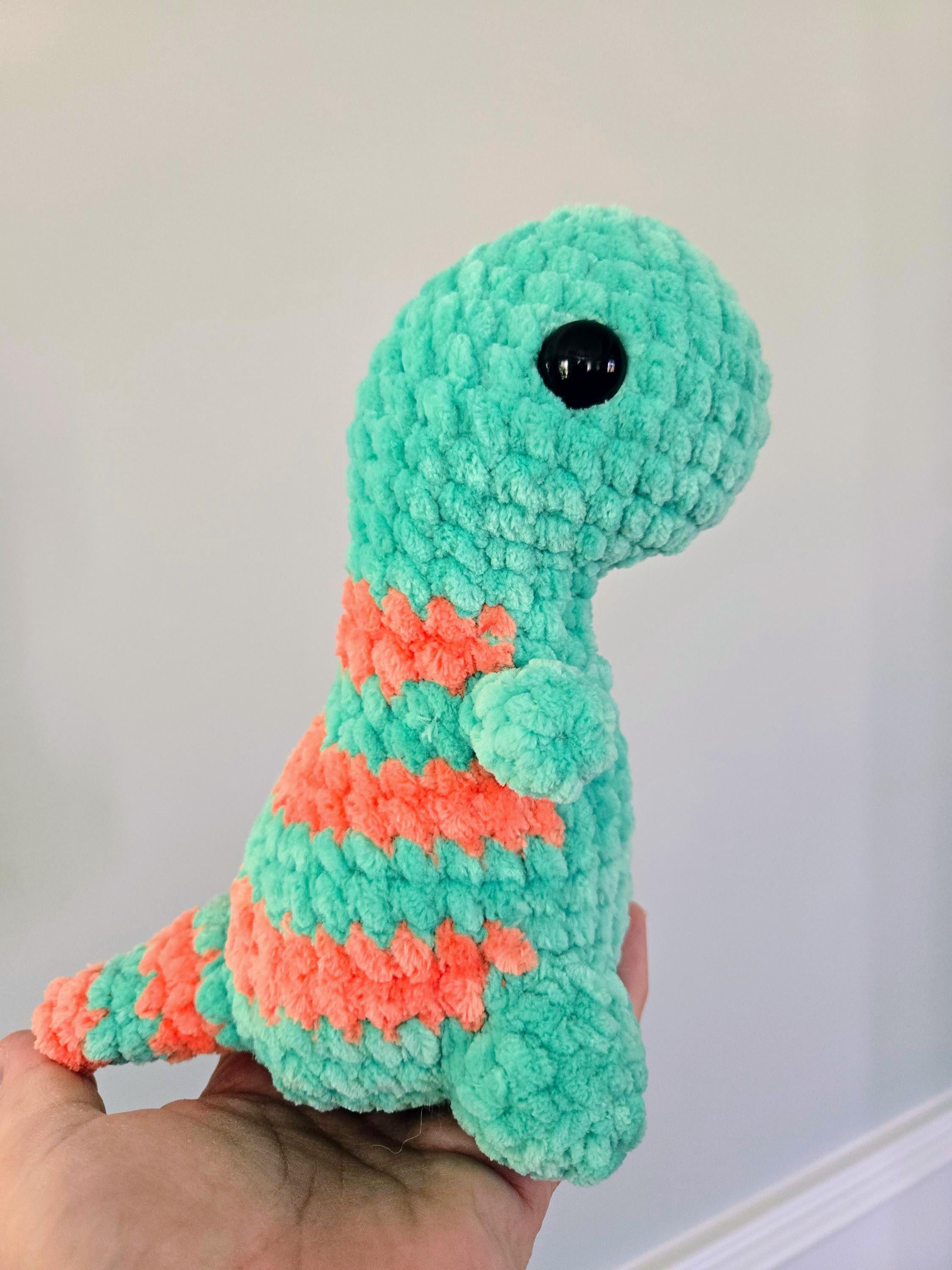 Handmade Crochet T-Rex Plush: Mint and Orange Striped Dinosaur Toy