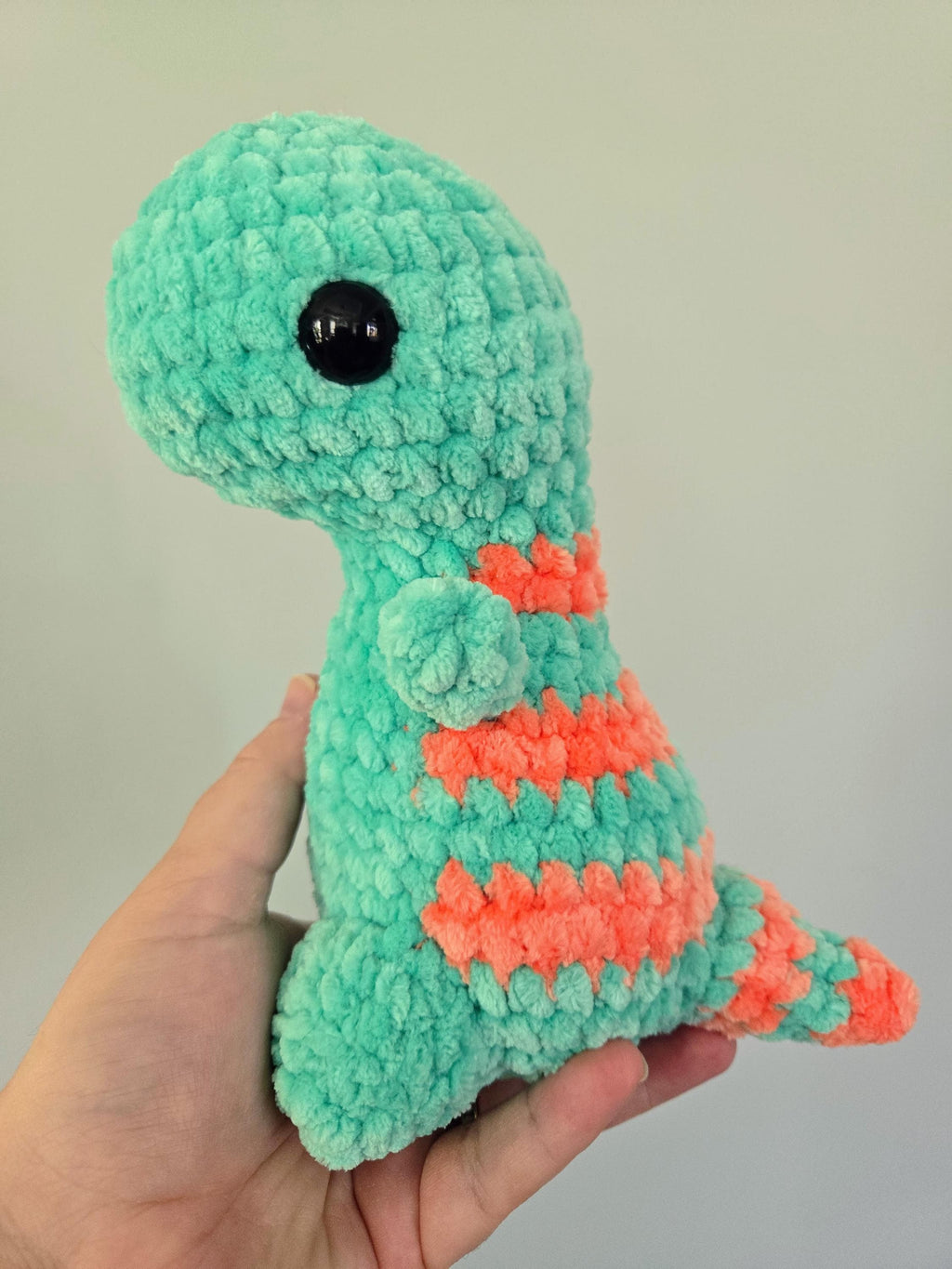 Handmade Crochet T-Rex Plush: Mint and Orange Striped Dinosaur Toy