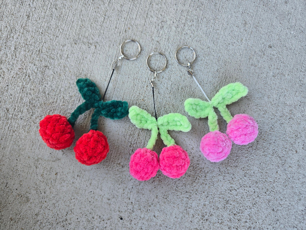 Crochet Cherry Keychain: Plush Amigurumi Fruit Bag Charm – Kawaii Accessory