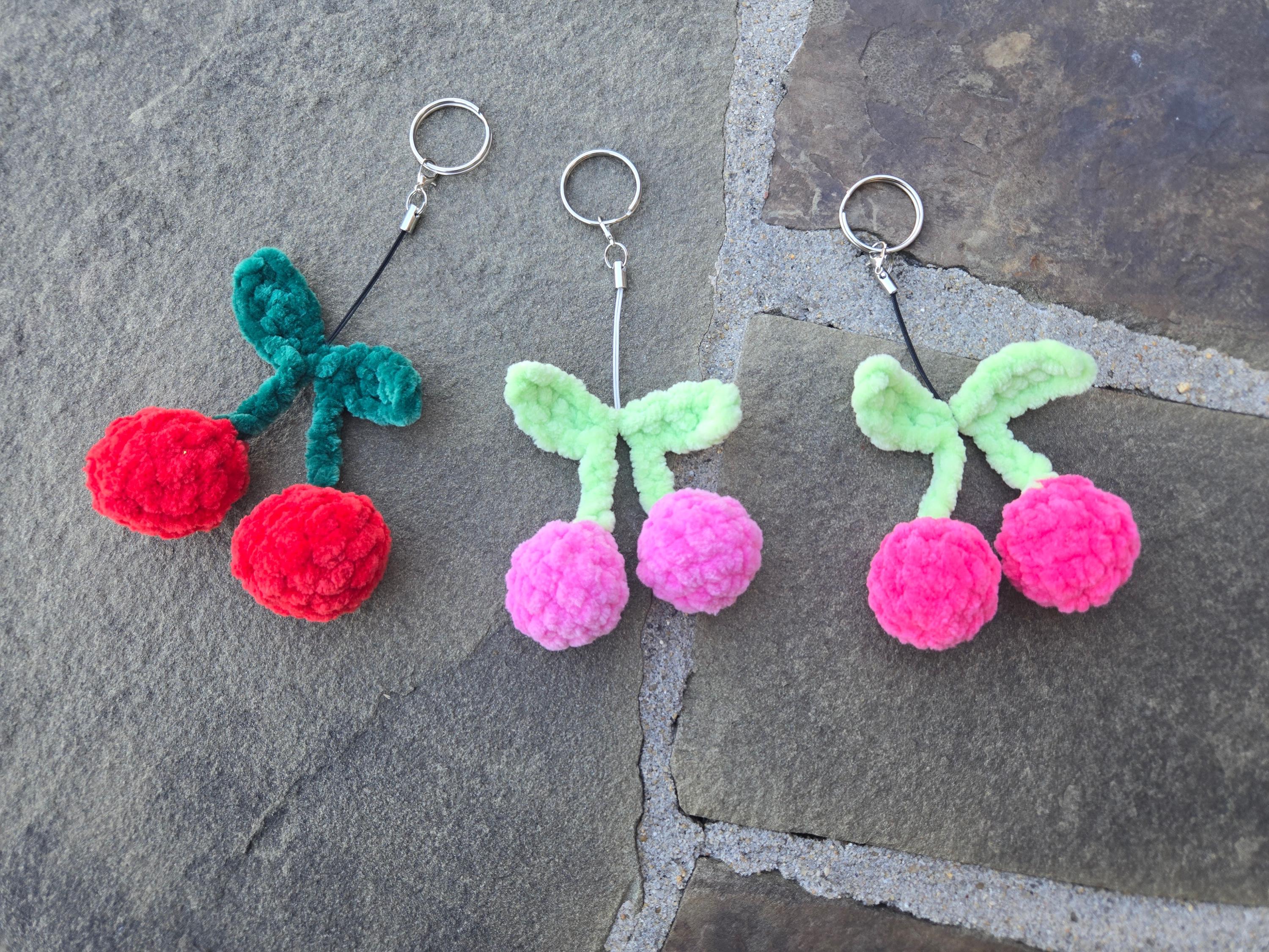 Crochet Cherry Keychain: Plush Amigurumi Fruit Bag Charm – Kawaii Accessory