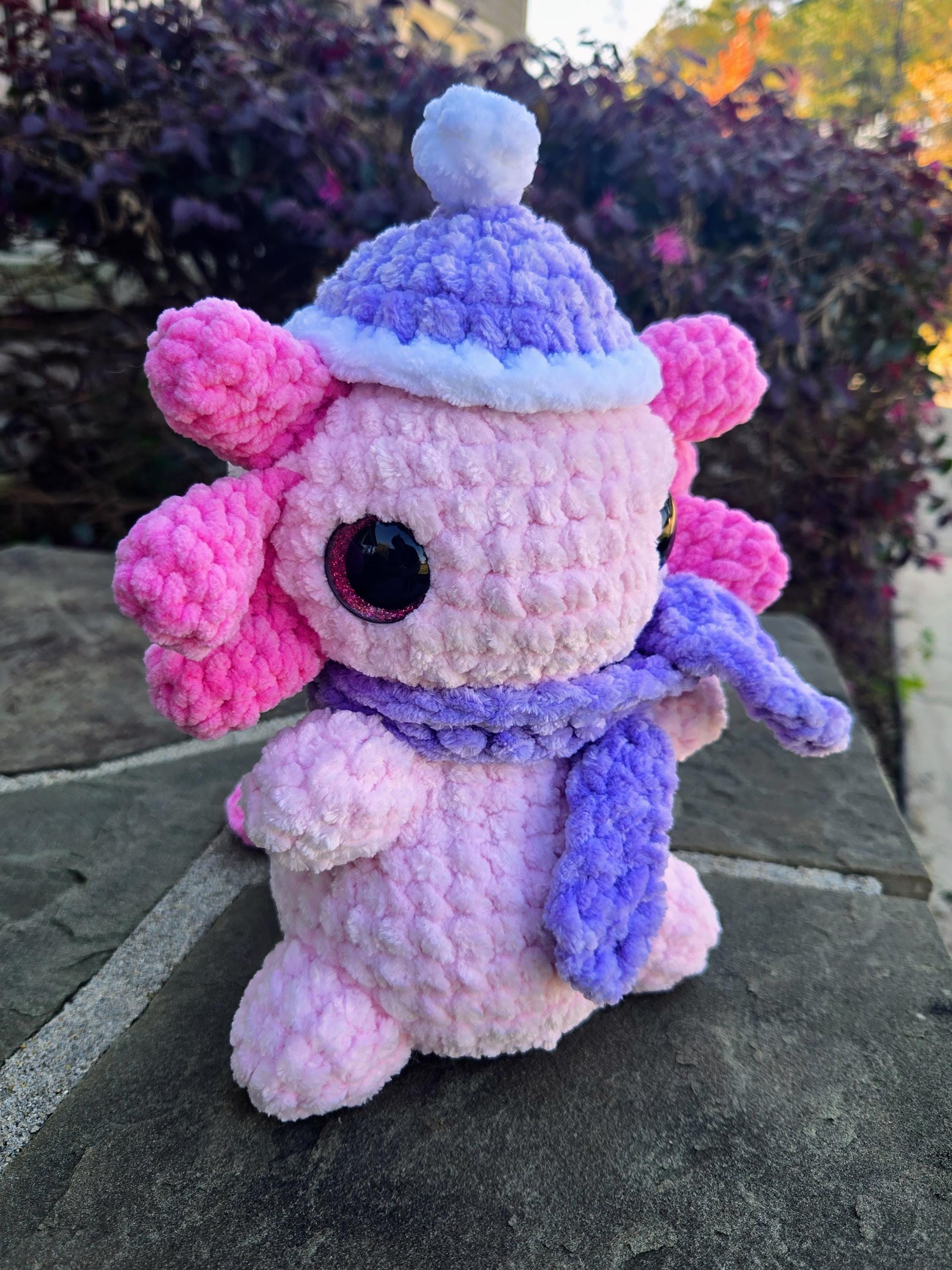 Crocheted Axolotl Plush with Scarf and Hat – Custom Handmade Stuffed Animal Toy.