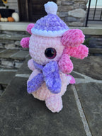 Crocheted Axolotl Plush with Scarf and Hat – Custom Handmade Stuffed Animal Toy.