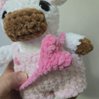 Handmade Crochet Cow Plush with Pink Overalls and Heart Bag – Amigurumi Toy