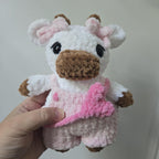 Handmade Crochet Cow Plush with Pink Overalls and Heart Bag – Amigurumi Toy