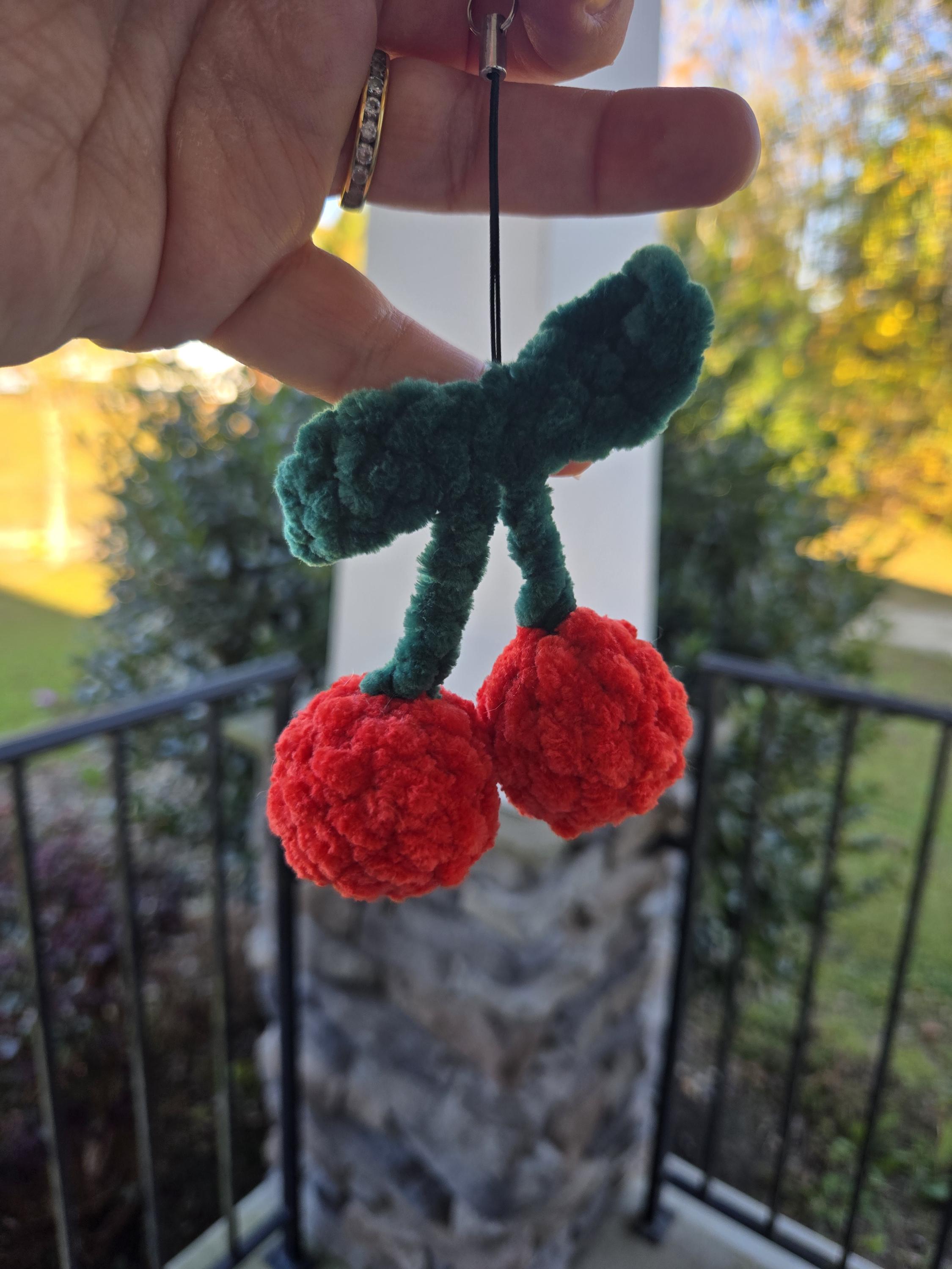 Crochet Cherry Keychain: Plush Amigurumi Fruit Bag Charm – Kawaii Accessory