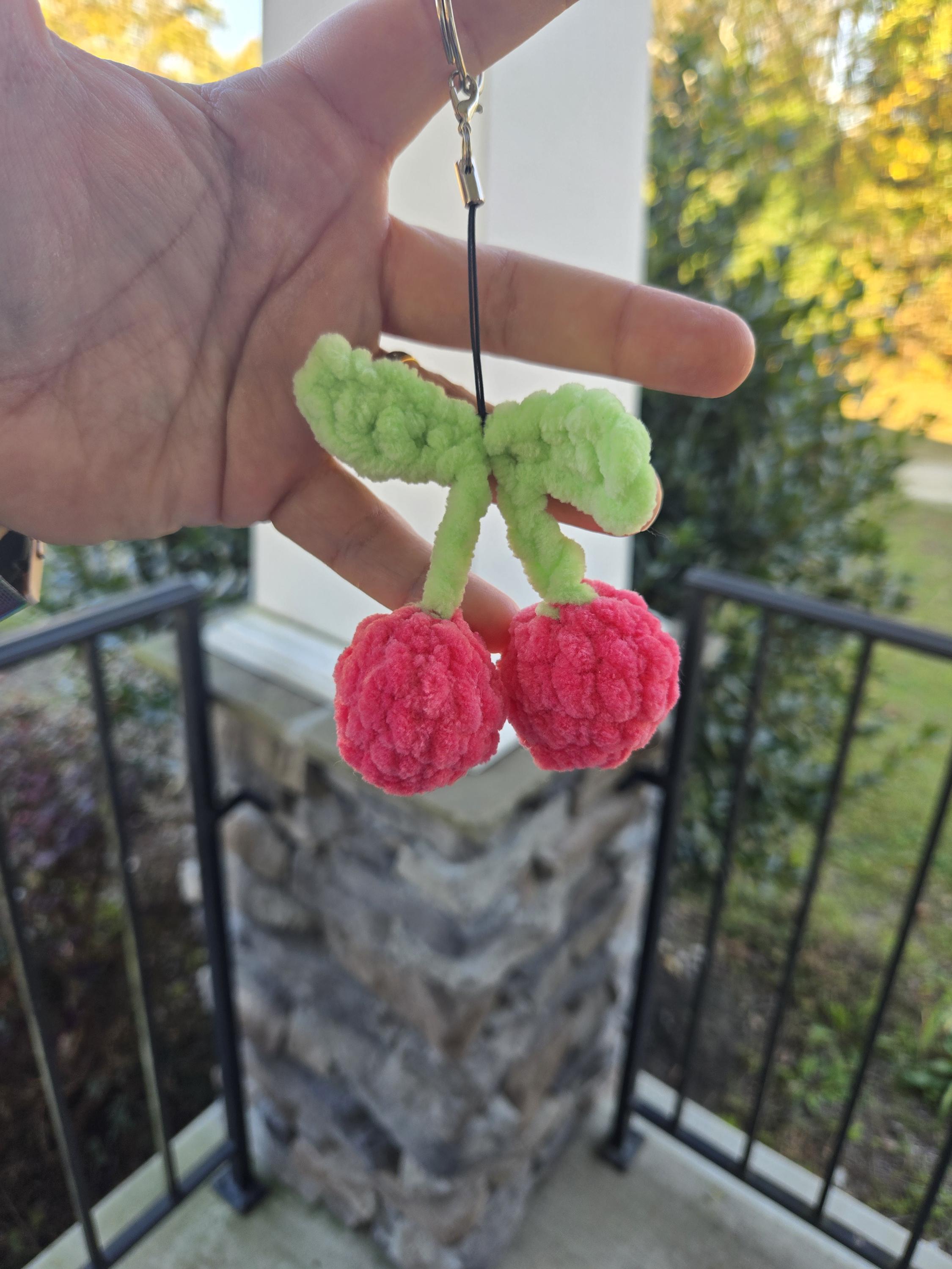 Crochet Cherry Keychain: Plush Amigurumi Fruit Bag Charm – Kawaii Accessory
