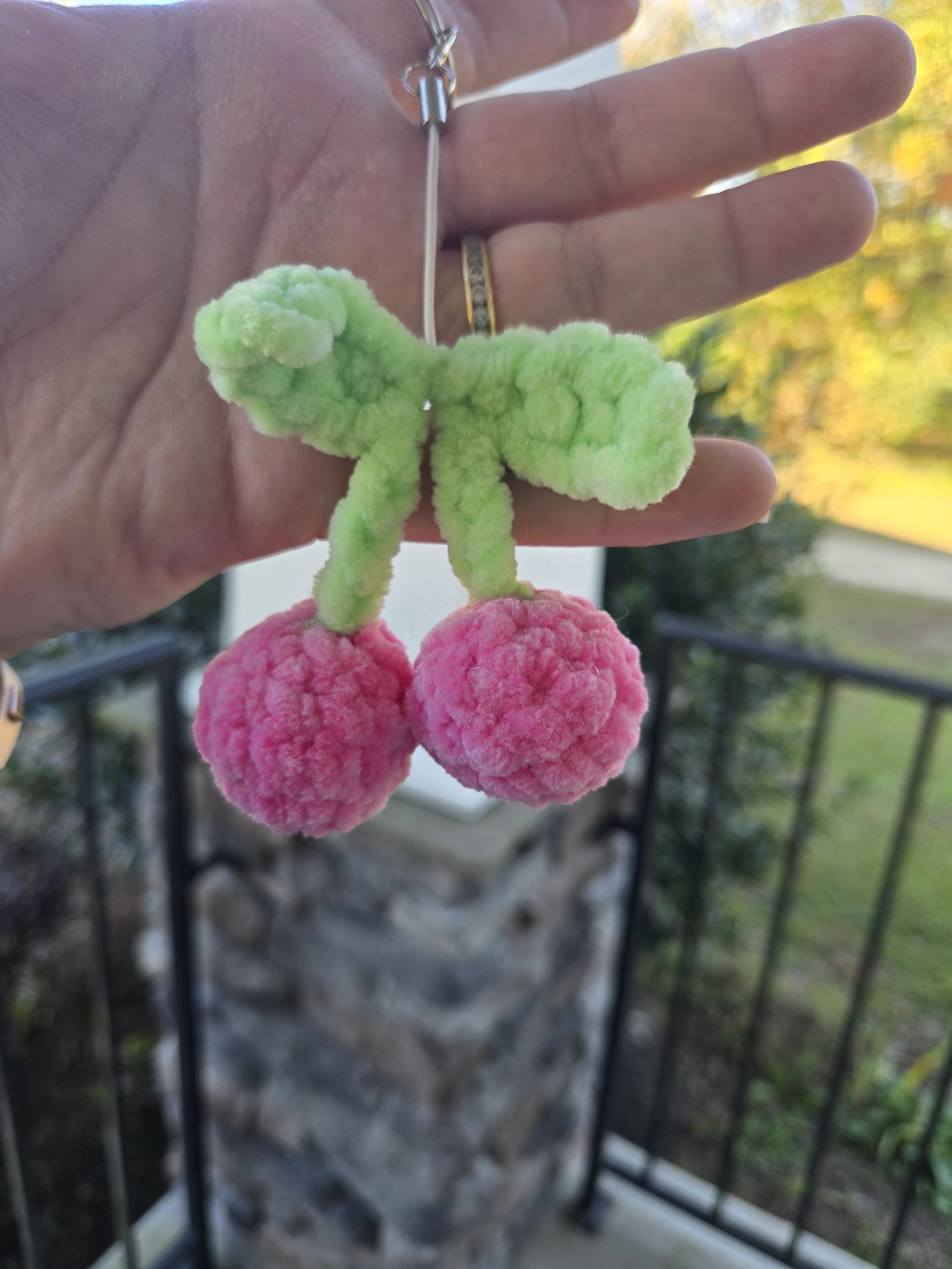 Crochet Cherry Keychain: Plush Amigurumi Fruit Bag Charm – Kawaii Accessory