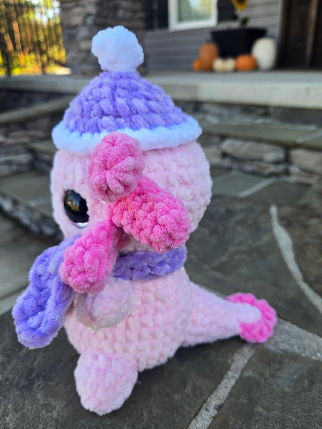 Crocheted Axolotl Plush with Scarf and Hat – Custom Handmade Stuffed Animal Toy.