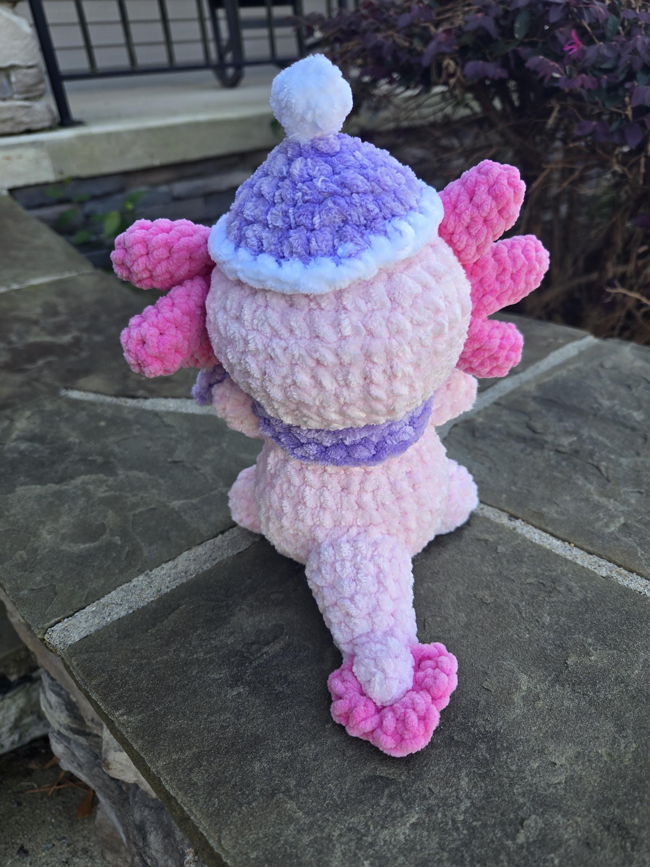 Crocheted Axolotl Plush with Scarf and Hat – Custom Handmade Stuffed Animal Toy.