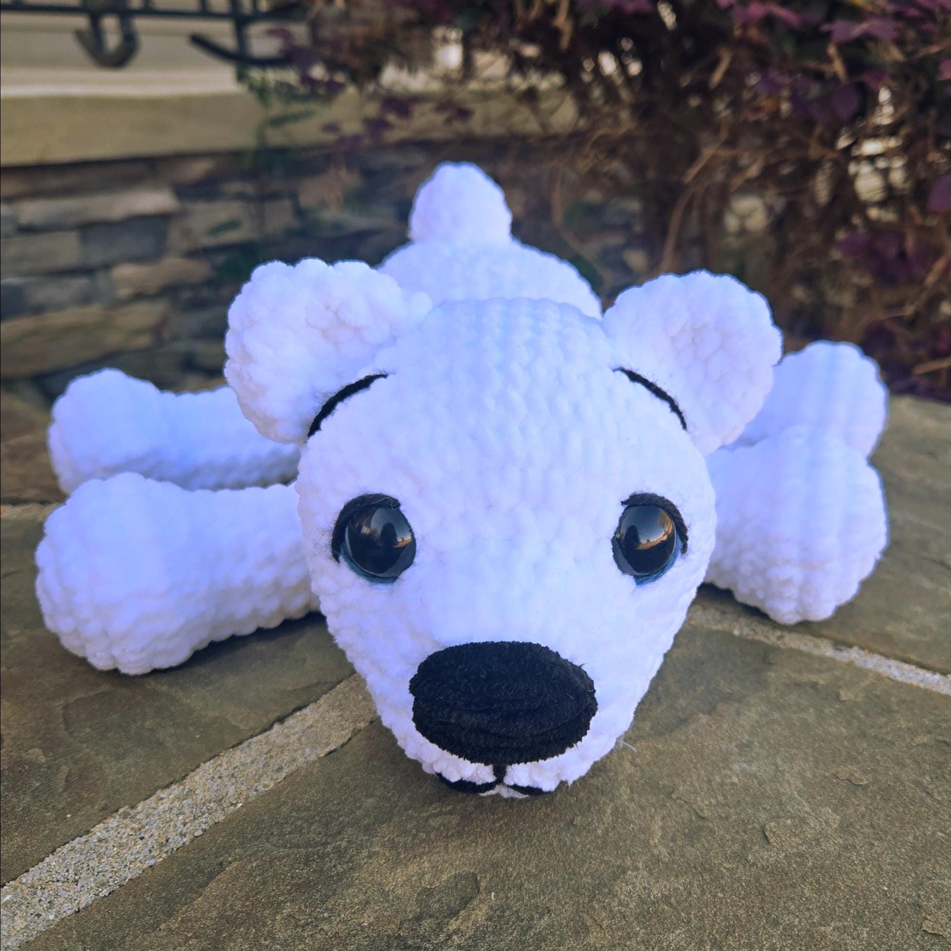 Weighted Crochet Polar Bear Plush: Handmade Amigurumi Splooting Animal Toy.
