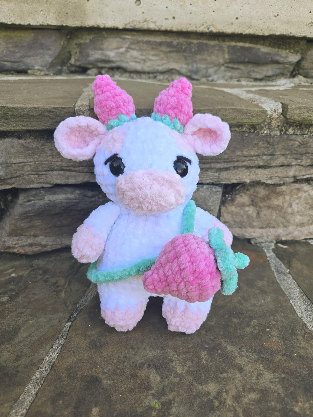 Crochet Strawberry Cow Plush – Handmade Amigurumi Stuffed Animal Toy