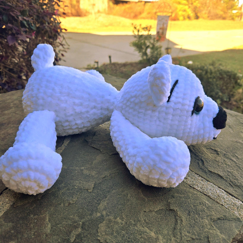 Weighted Crochet Polar Bear Plush: Handmade Amigurumi Splooting Animal Toy.
