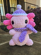 Crocheted Axolotl Plush with Scarf and Hat – Custom Handmade Stuffed Animal Toy.