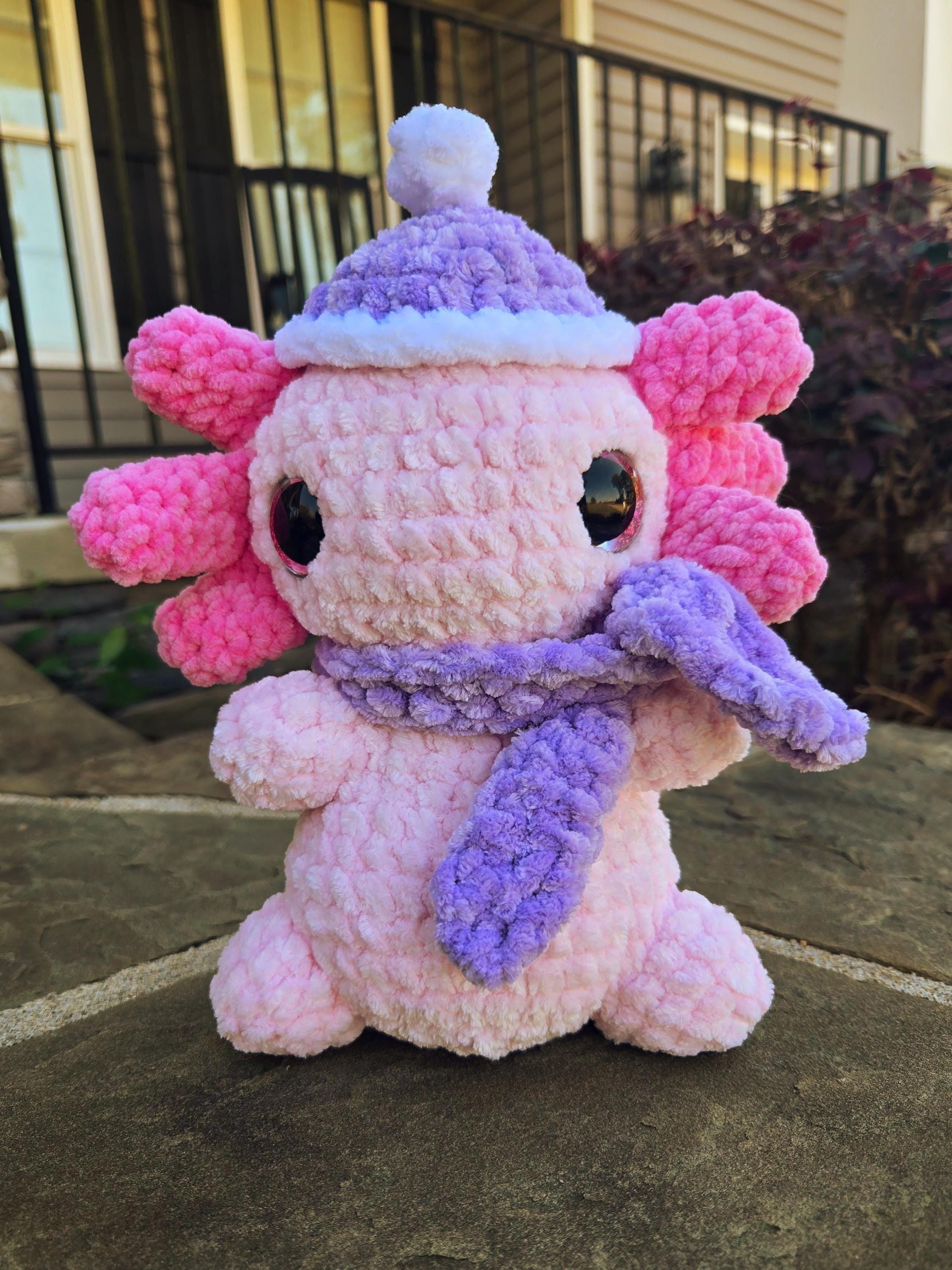 Crocheted Axolotl Plush with Scarf and Hat – Custom Handmade Stuffed Animal Toy.
