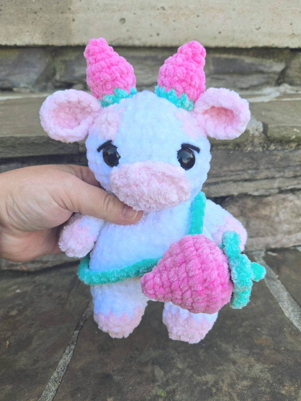 Crochet Strawberry Cow Plush – Handmade Amigurumi Stuffed Animal Toy