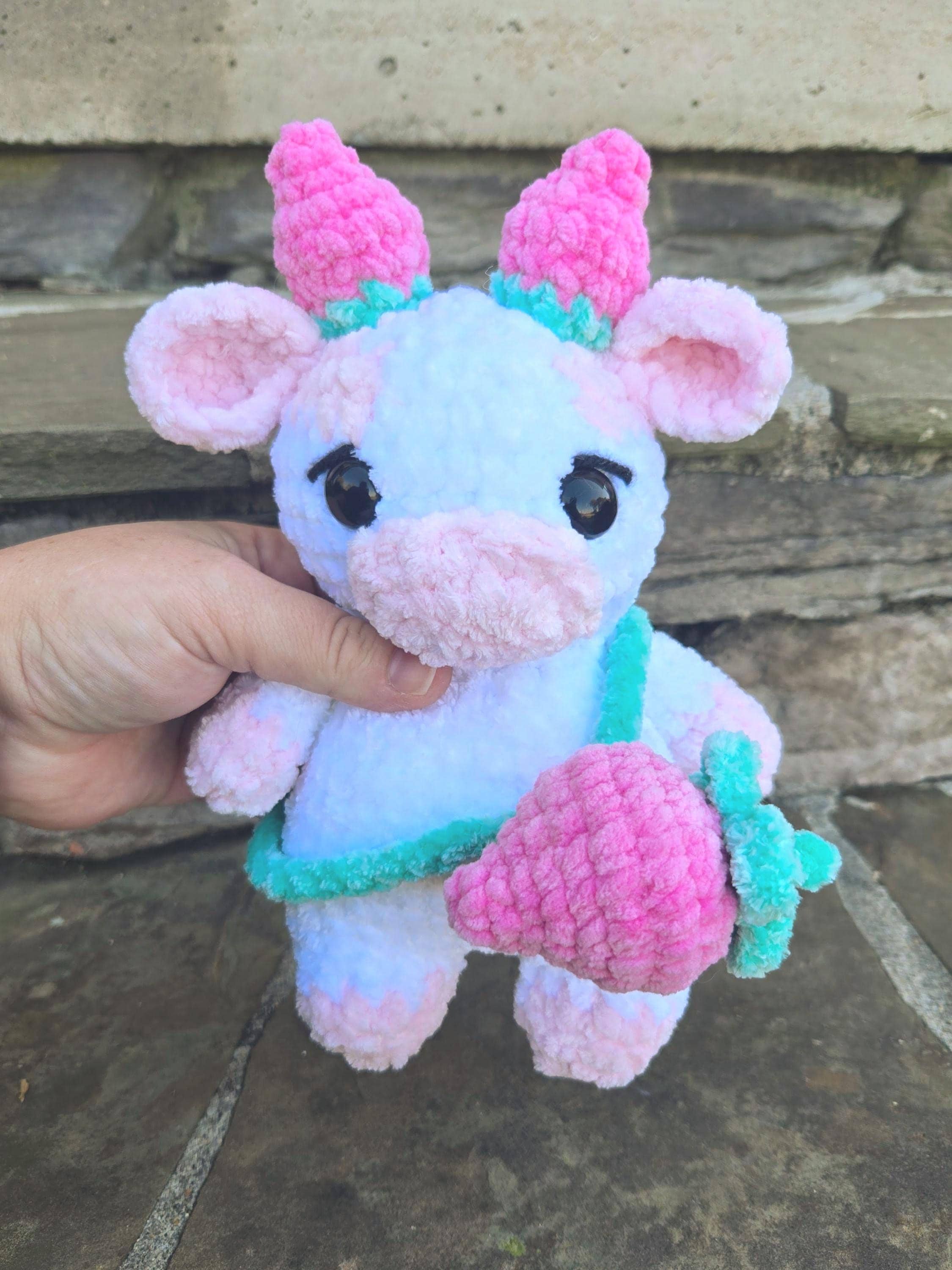 Crochet Strawberry Cow Plush – Handmade Amigurumi Stuffed Animal Toy