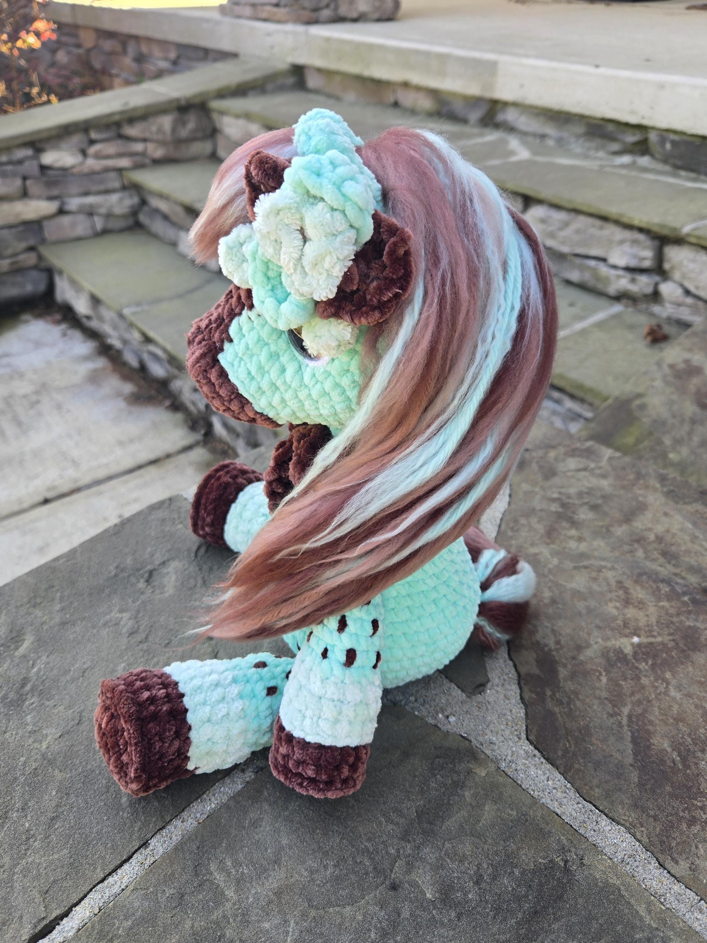 Crochet Horse Plush Mint Chocolate Chip Plush Toy:  Amigurumi Stuffed Animal.
