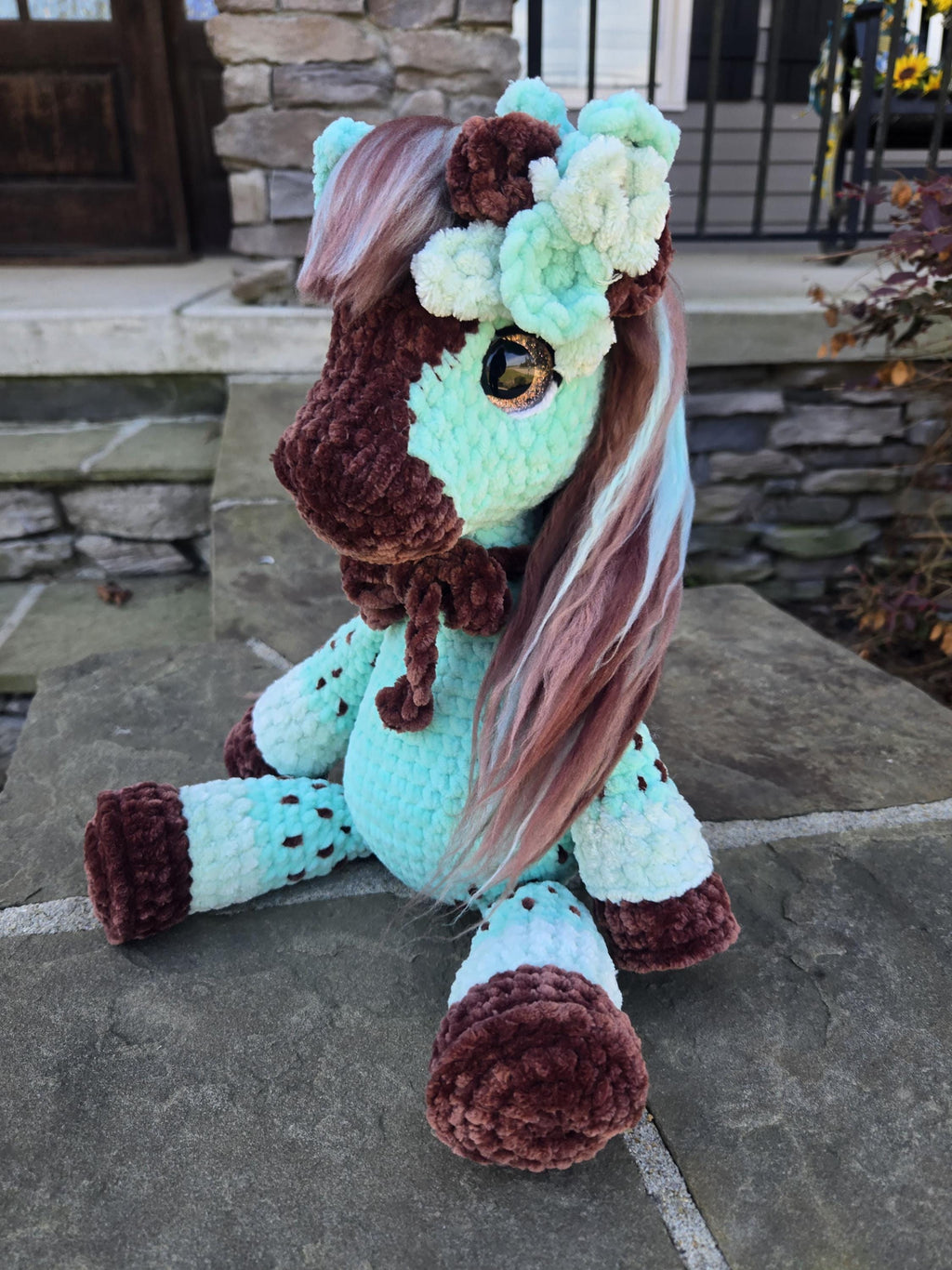 Crochet Horse Plush Mint Chocolate Chip Plush Toy:  Amigurumi Stuffed Animal.