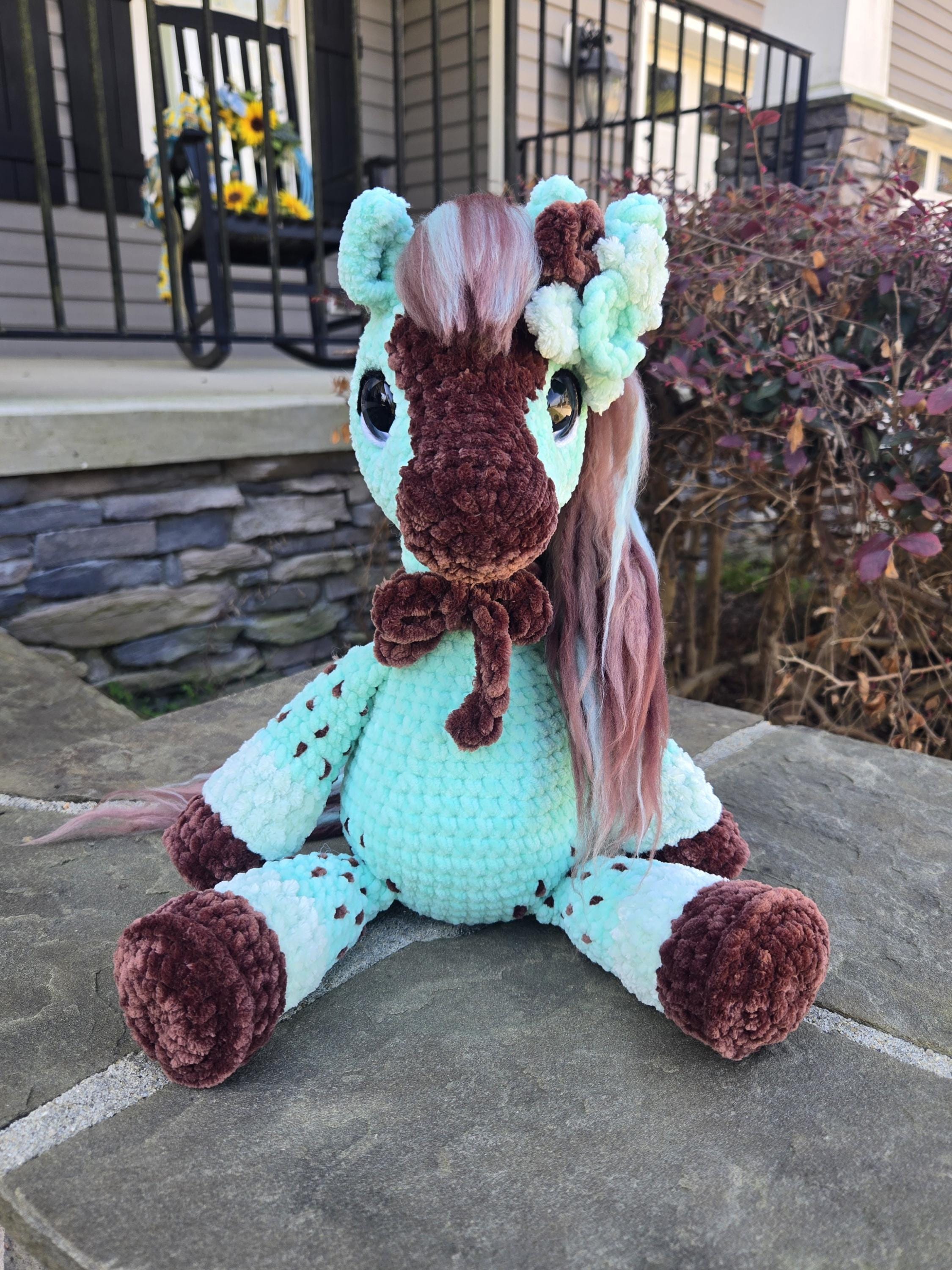 Crochet Horse Plush Mint Chocolate Chip Plush Toy:  Amigurumi Stuffed Animal.
