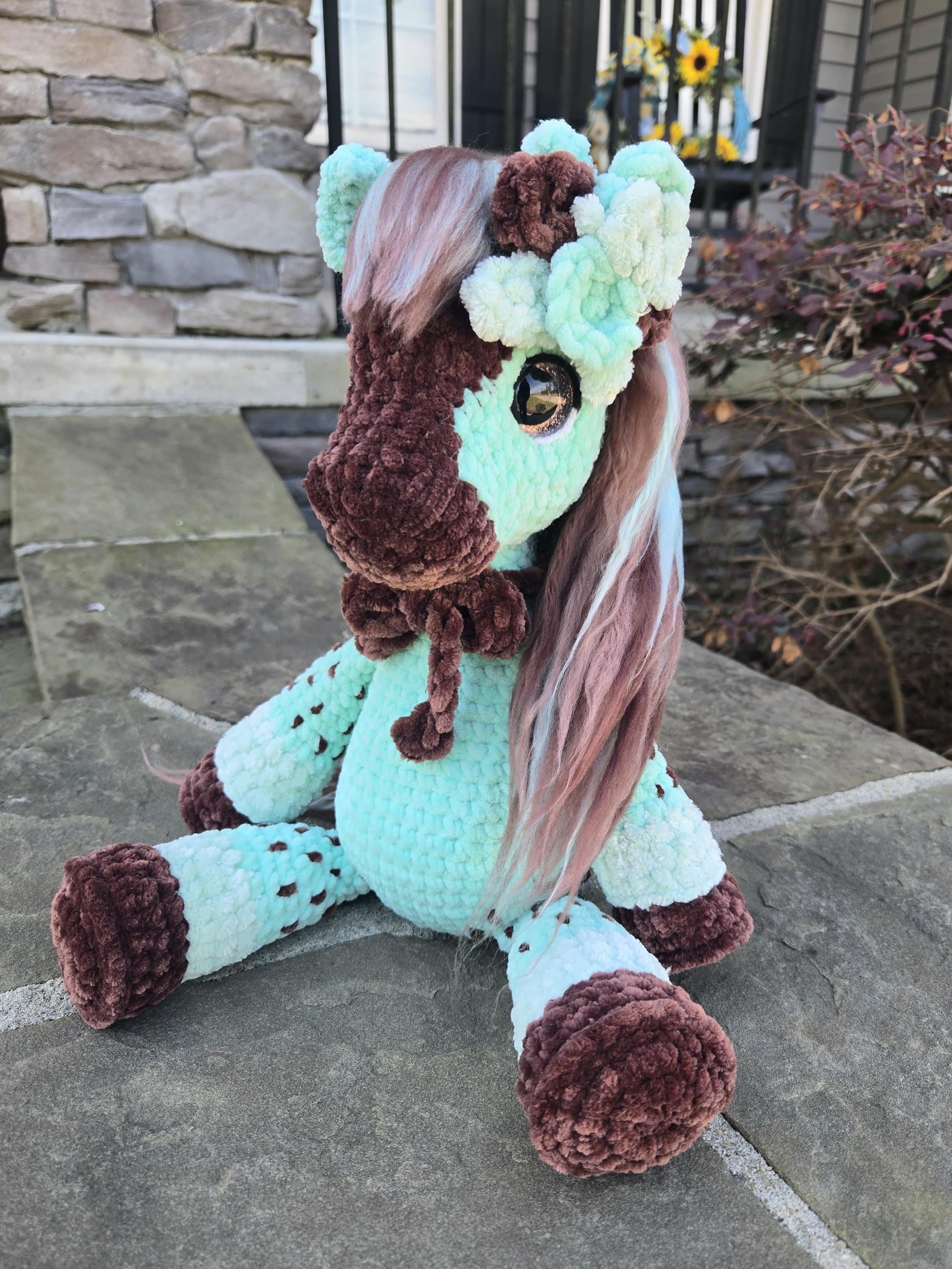 Crochet Horse Plush Mint Chocolate Chip Plush Toy:  Amigurumi Stuffed Animal.