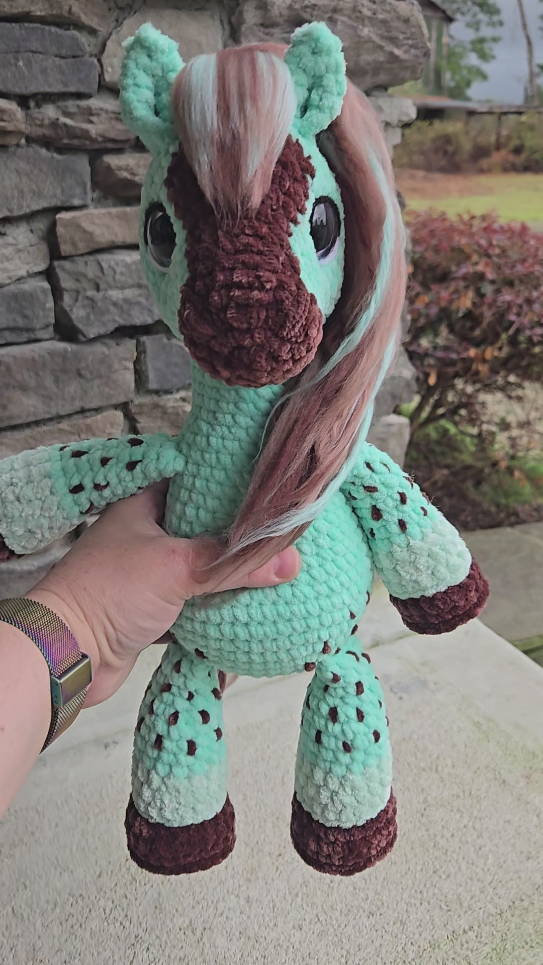 Crochet Horse Plush Mint Chocolate Chip Plush Toy:  Amigurumi Stuffed Animal.